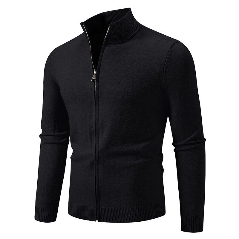 Cardigã masculino com gola alta e zíper, em tricô, modelo casual slim fit, leve e confortável para o outono._voghion.com