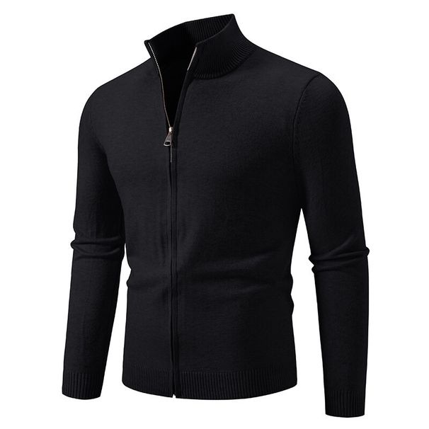 Cardigã masculino com gola alta e zíper, em tricô, modelo casual slim fit, leve e confortável para o outono._voghion.com