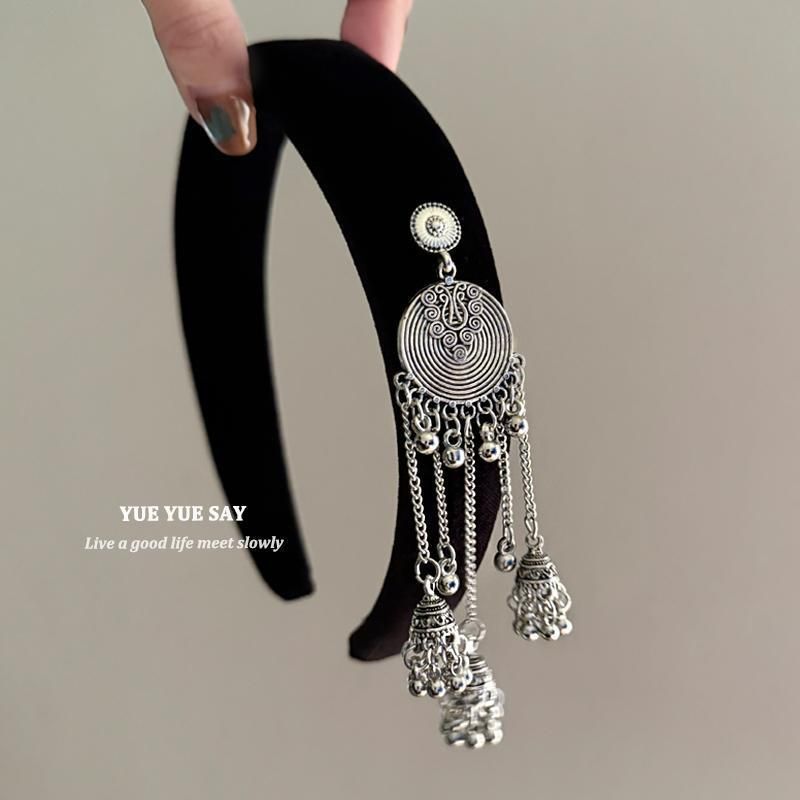 Bodhi Leaf Underneath~Green Velvet Miaojiang Tassel Head Hoop, Advanced Chinese Style Hair Binding And Coiling Device_voghion.com
