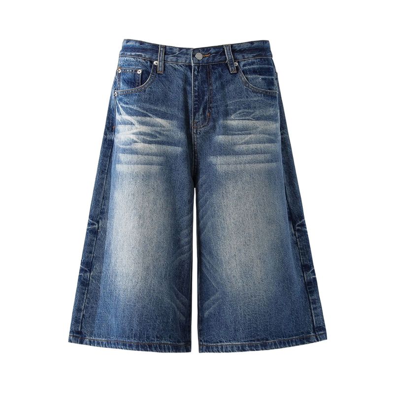 Pantaloni a gamba larga con risvolto e baffi di gatto lavati, stile retrò americano, da uomo e da donna, pantaloncini in denim dritti e larghi da strada_voghion.com