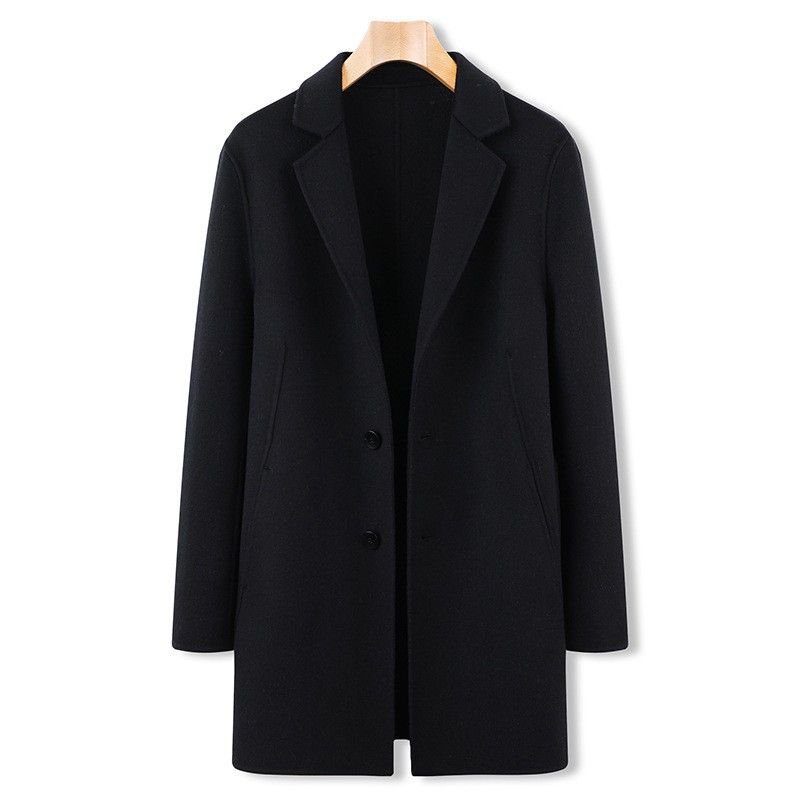Men's Long Wool Blend Double-Faced Overcoat With Notched Lapel - Plus Size Business Casual Winter Coat In Black & Charcoal Grey_voghion.com