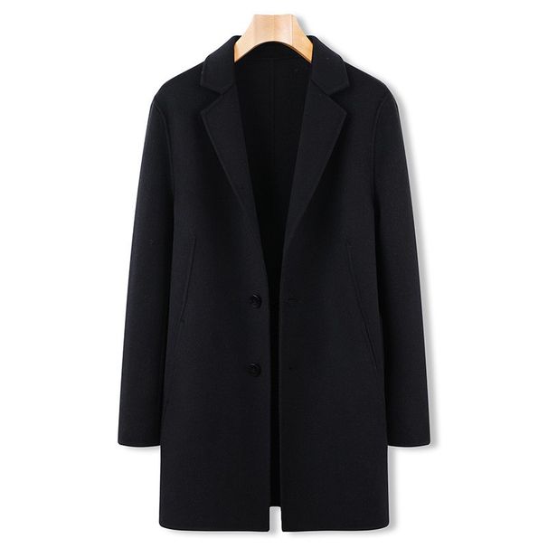 Men's Long Wool Blend Double-Faced Overcoat With Notched Lapel - Plus Size Business Casual Winter Coat In Black & Charcoal Grey_voghion.com