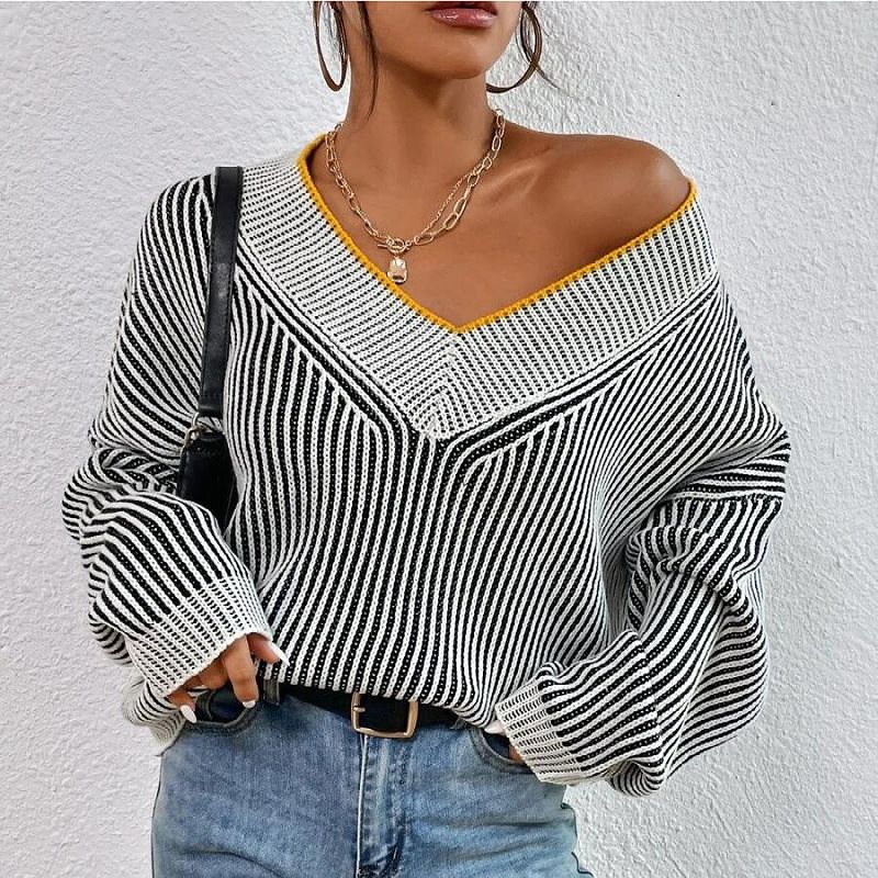 Top in maglia pullover a righe a contrasto con scollo a V ampio e sottile con maniche a pipistrello autunno/inverno_voghion.com