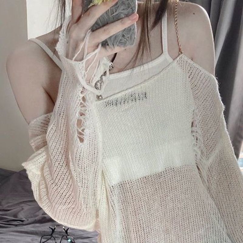 Tenue sexy visuelle pour fille épicée, haut en tricot délicat ajouré, petite jupe courte en jean à bretelles_voghion.com