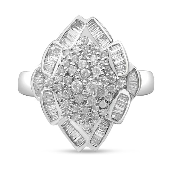 14K White Gold 7/8 Cttw Round and Baguette-Cut Diamond Cluster Ring (H-I Color, SI2-I1 Clarity) - Size 7_voghion.com