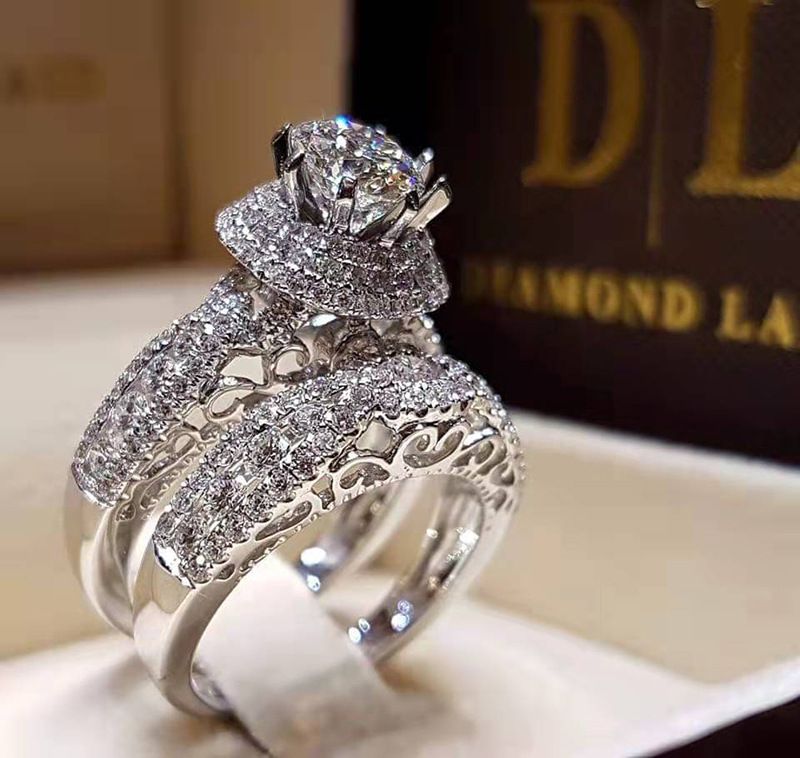 Cao Shi Layer Micro Zircon Set Luxury Party Hand With Hollow Design Double Ring_voghion.com