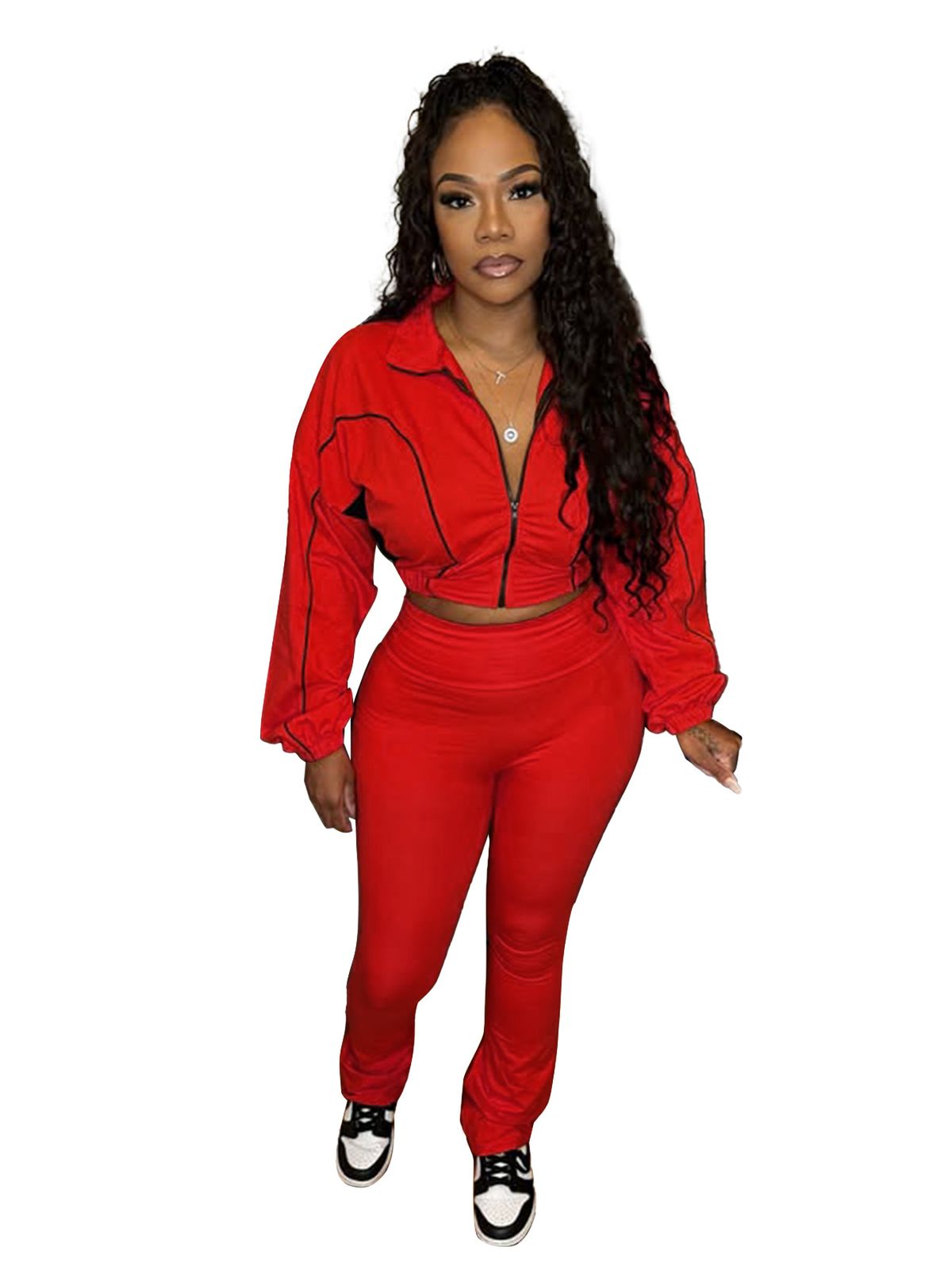 Women's Stylish Two-Tone Contrast Stitching Zip-Front Flared Pants Set – Trendy Office & Casual Outfit_voghion.com