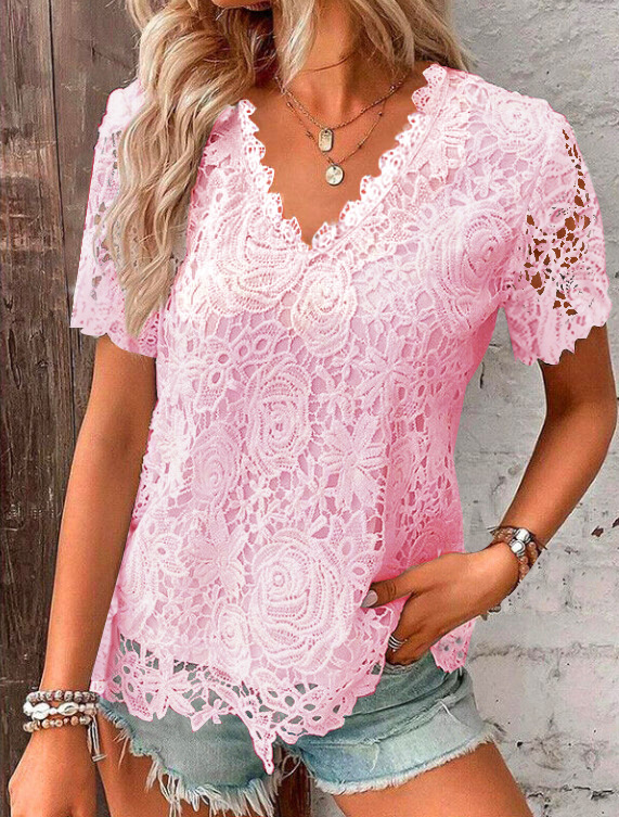 Women's Summer New Hot Sale V-neck Elegant Lace Top Short Sleeve T-shirt_voghion.com