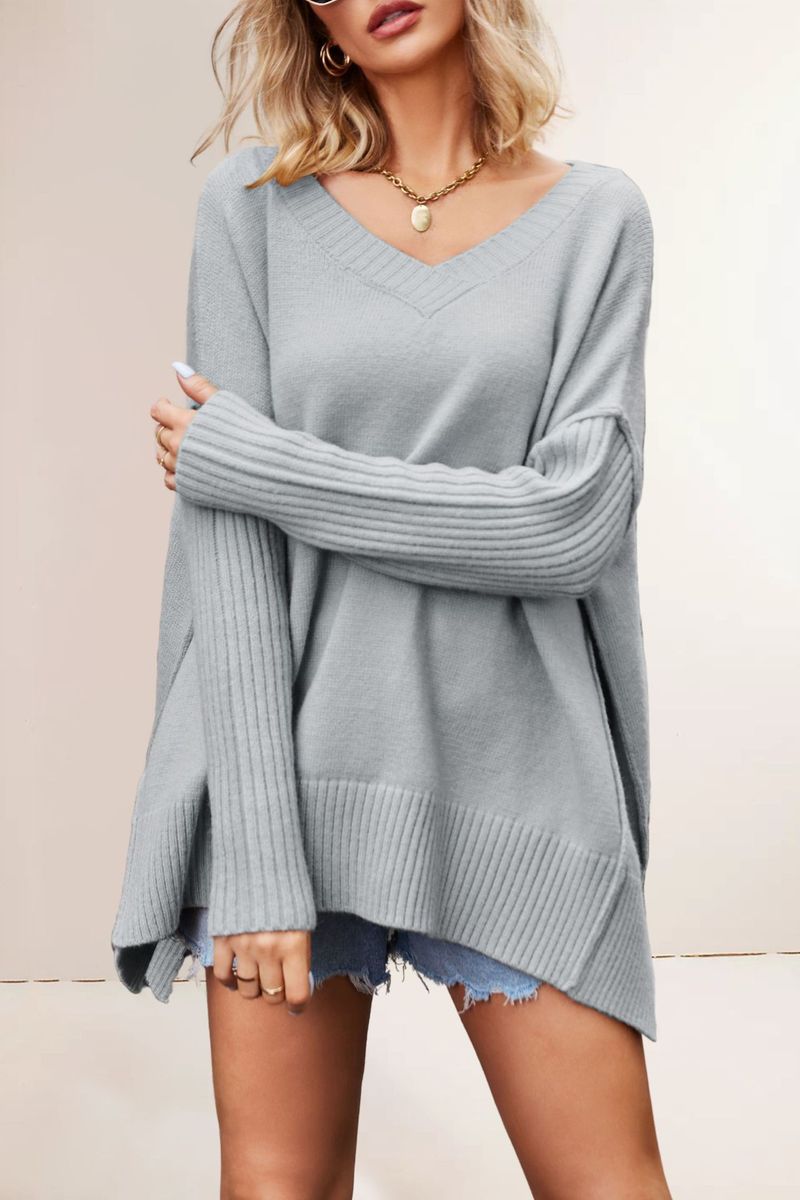 Damen Große Größe Personalisierte Mode V-Ausschnitt Strickpullover Pullover_voghion.com