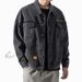 Herrenbekleidung Distressed-Jeansjacke, Oversize-Streetwear-Patchwork-Mantel mit mehreren Taschen – Lässiger, lockerer Schnitt, gewaschene Baumwollmischung (Schwarz/Blau)_voghion.com