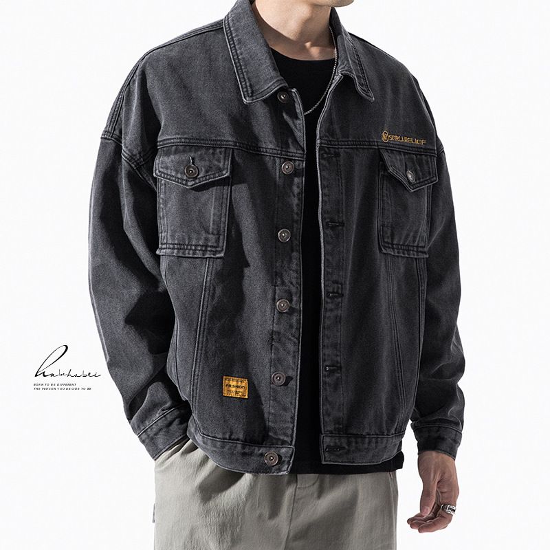 Herrenbekleidung ​Distressed-Jeansjacke, Oversize-Streetwear-Patchwork-Mantel mit mehreren Taschen – Lässiger, lockerer Schnitt, gewaschene Baumwollmischung (Schwarz/Blau)​_voghion.com