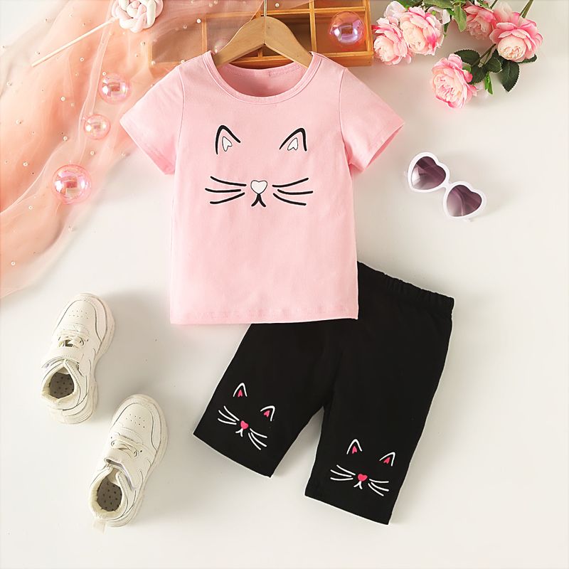 Schattige set met korte mouwen en shorts voor kinderen met kattenprint – zachte katoenen 2-delige outfit voor meisjes (3-8 jaar, 100-140 cm)_voghion.com