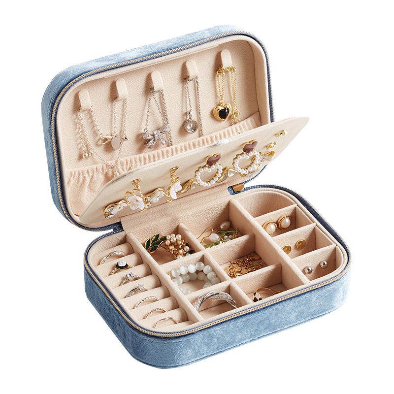 Caja de almacenamiento portátil de terciopelo para viaje, de doble capa, para pendientes, anillos y collares_voghion.com