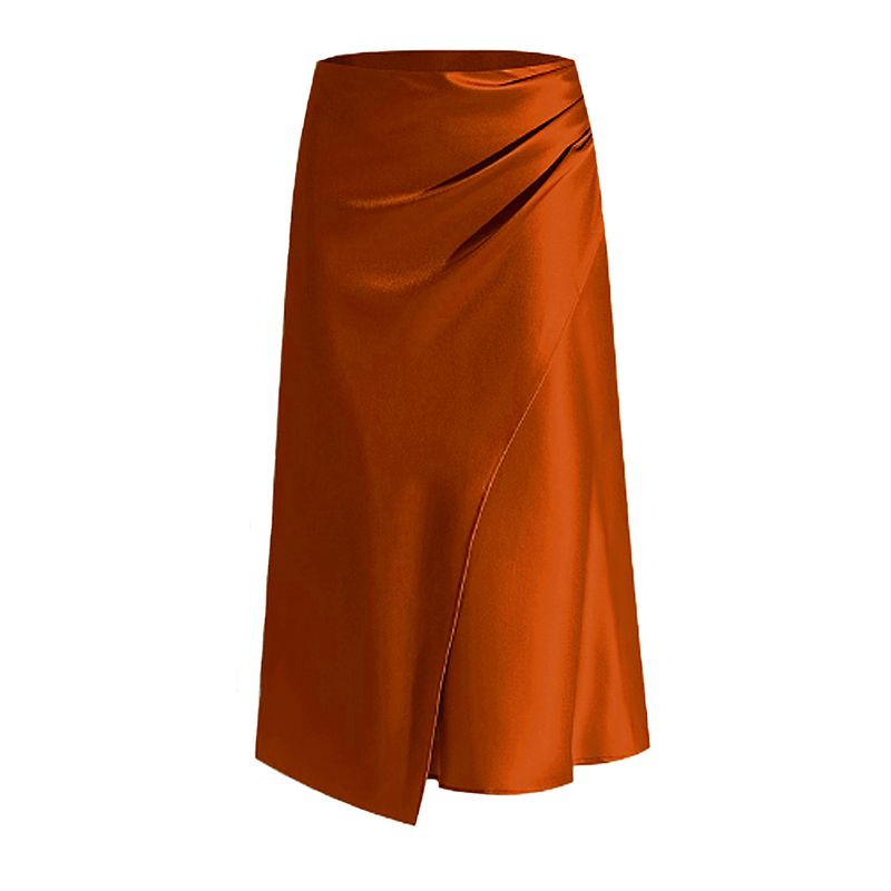 Gonna a fessura pieghettata in pile di raso a vita alta da donna. Gonna tinta unita con cerniera e gonna avvolgente a coda di pesce_voghion.com