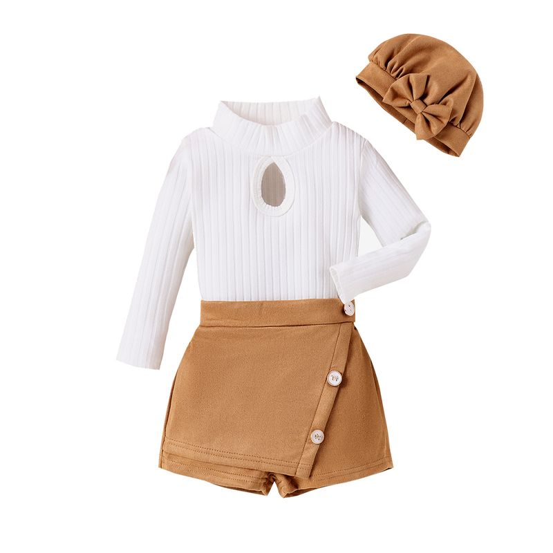 Kinderbekleidung Langärmelige, ausgehöhlte, hochgeschlossene, langärmlige Woll-Culottes mit Schleifenmütze für Mädchen_voghion.com