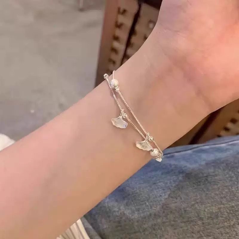 Neues Drei-Leben-Glücksarmband, Fußkettchen, Nische, versilbert, doppellagig, Quaste, Ginkgoblatt, Schmuck, Geschenk für Freundin_voghion.com
