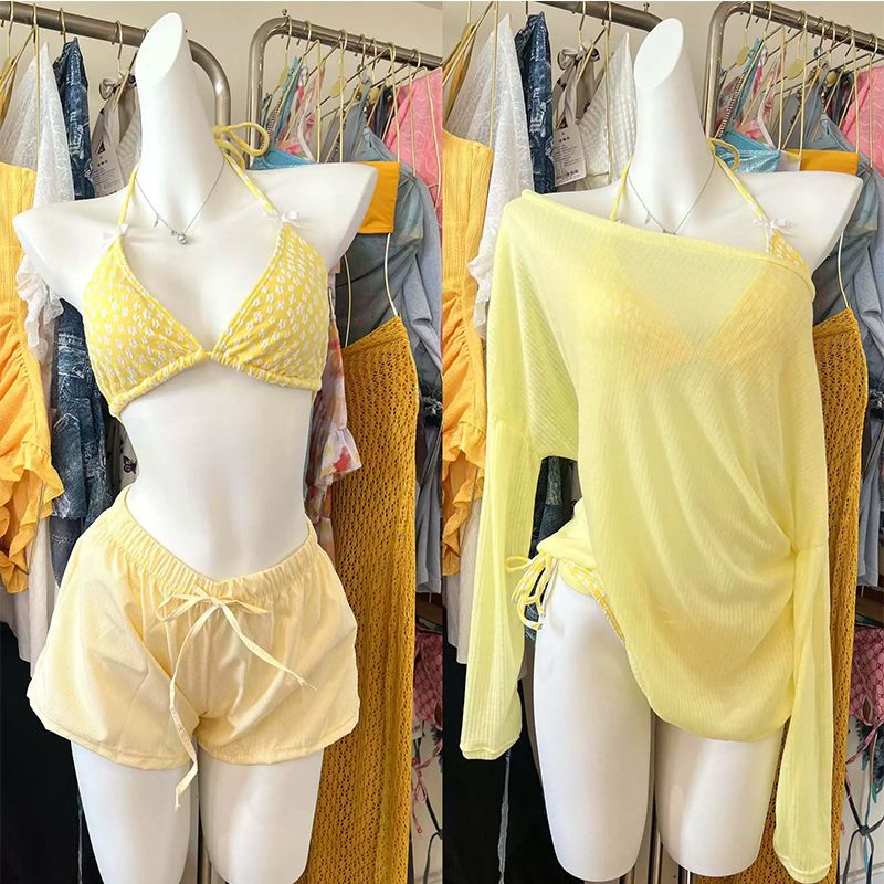 Bikini da donna a quattro pezzi con spacco, a maniche lunghe, piccolo, fresco, floreale, primavera calda, puro e sexy, costume da bagno per le vacanze_voghion.com