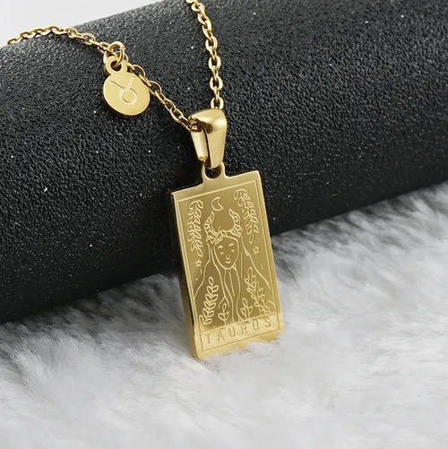 Edelstahl 12 Konstellation Halskette weiblich K Gold Quadrat Zwölf Konstellation Titan Stahl Anhänger Schlüsselbein Kette_voghion.com