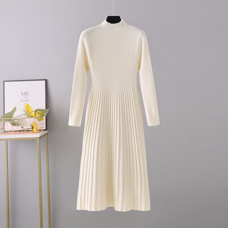 Robe mi-haute pour femmes, couleur unie, col mi-haut, longueur aux genoux, taille mi-longue_voghion.com