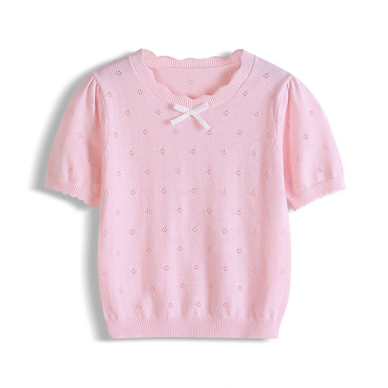 Cross Border A Type Children's Round Neck Hollow Bow Summer Thin Short Sleeved T Shirt Breathable Girls Knitted Tops Wholesale_voghion.com