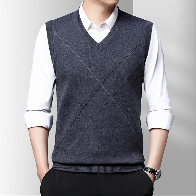 Men's Slim Fit Knit Vest Sweater, Solid Color V-Neck Pullover, Layering Staple For Casual & Smart Outfits​_voghion.com