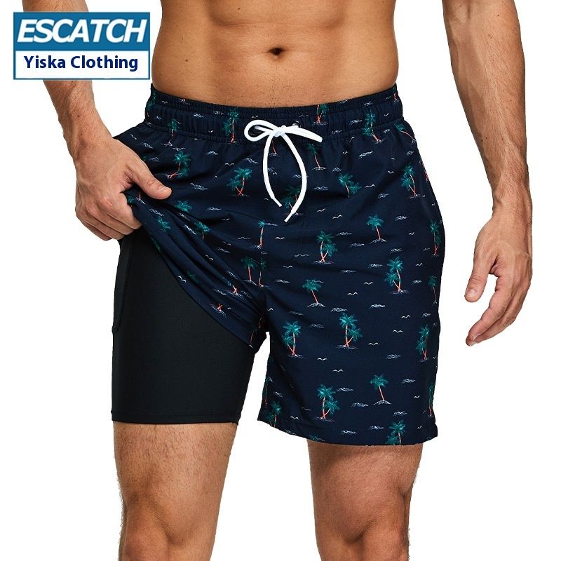 Nuovi pantaloncini da bagno stampati, pantaloni da spiaggia, pantaloncini sportivi a doppio strato da uomo 2 in 1, anti imbarazzo, asciugatura rapida, larghi_voghion.com