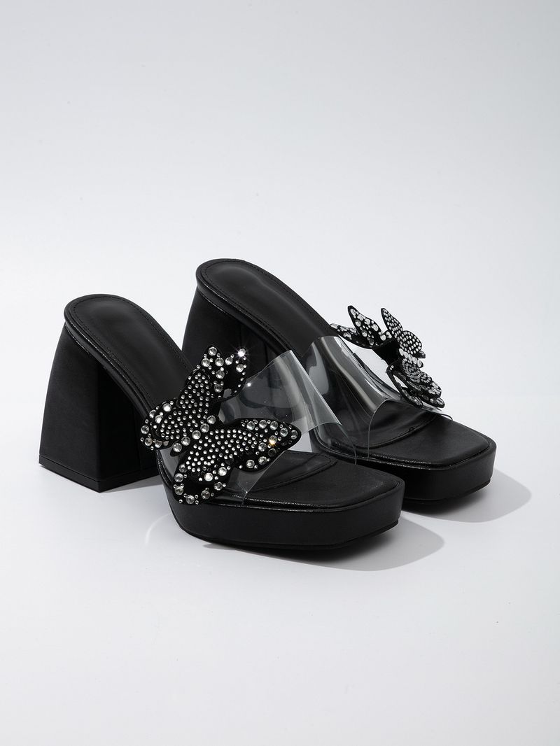 Damen Neue PVC High Heel Sandalen Schmetterling Strass Dicke Sohle Dicken Absatz Hausschuhe_voghion.com