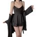Sleepwears Sexy Large Size Satin Simple Waist Gathered Women's Suspender Nightdress Outer Robe Home Clothes Suit_voghion.com