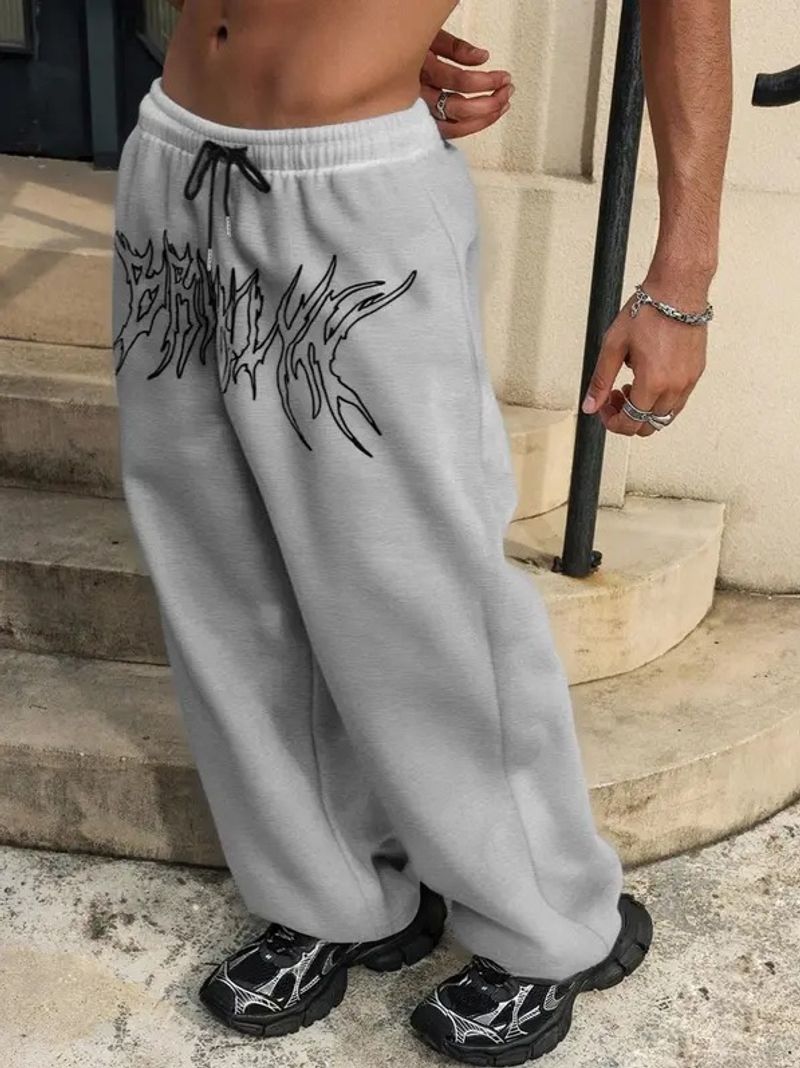 High Street Hip Hop Dark Sporty Wide Leg Pants For Men - Loose Fit Casual Joggers With Print Design - Black/Grey - S/M/L/XL/XXL"_voghion.com
