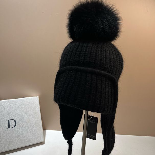 Copricapo invernale in stile islandese, foderato in pile, spesso e caldo, con paraorecchie di coniglio, moda nordica, lavorato a maglia con palla di pelliccia di volpe_voghion.com