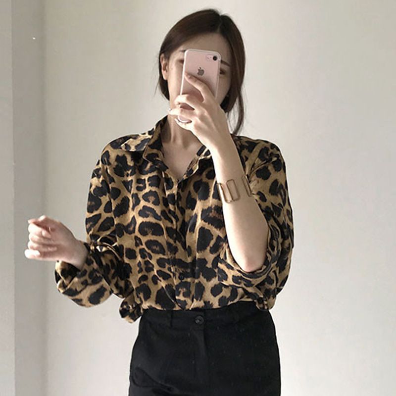 2024 Nova Camisa Solta de Manga Longa com Padrão de Leopardo Coreano Chique_voghion.com