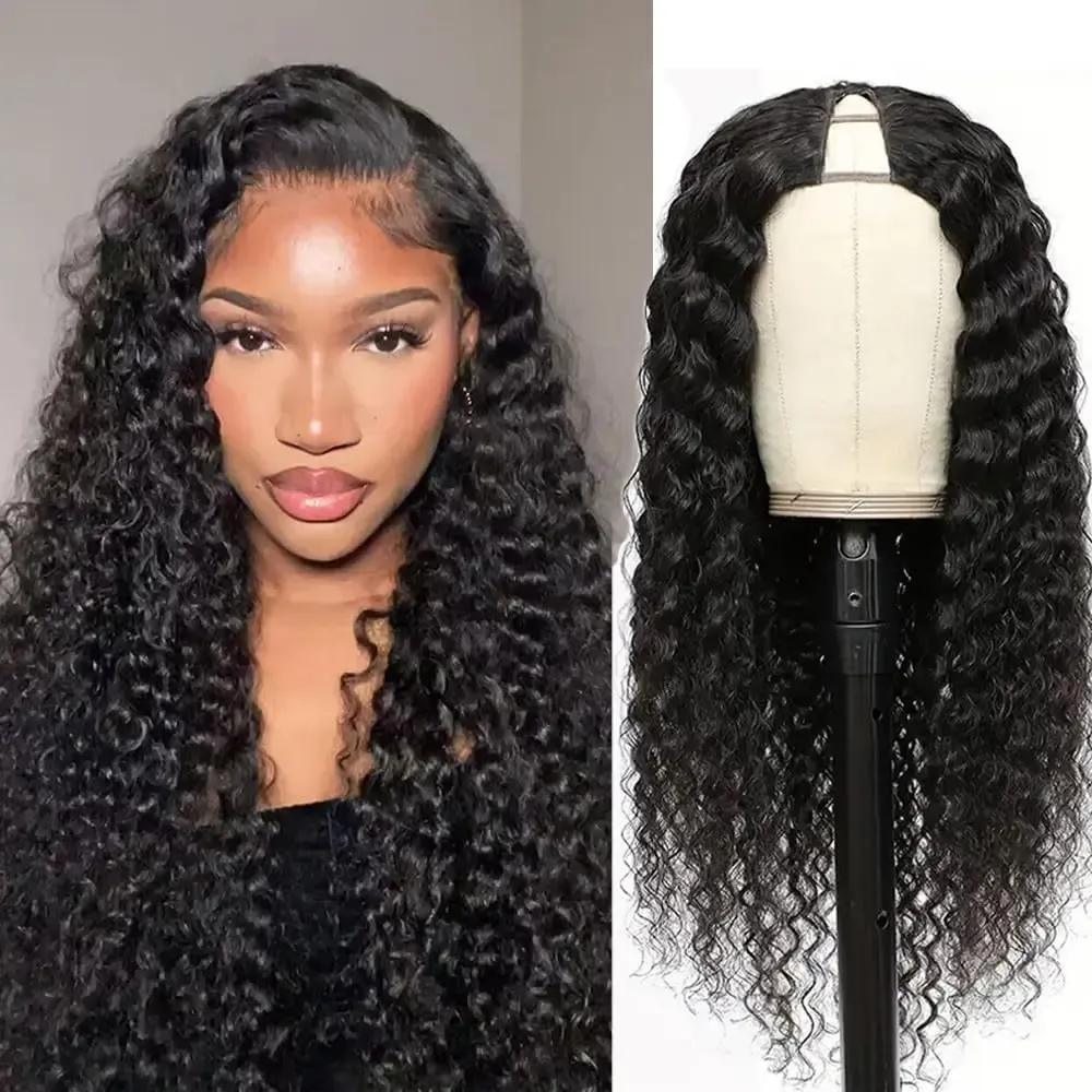 180 Dicht Déif Krullend V-Part Perück Mënschlech Hoer Natierlech Schwaarz Remy Waasserwelle Maschinnhergestallt Perück_voghion.com
