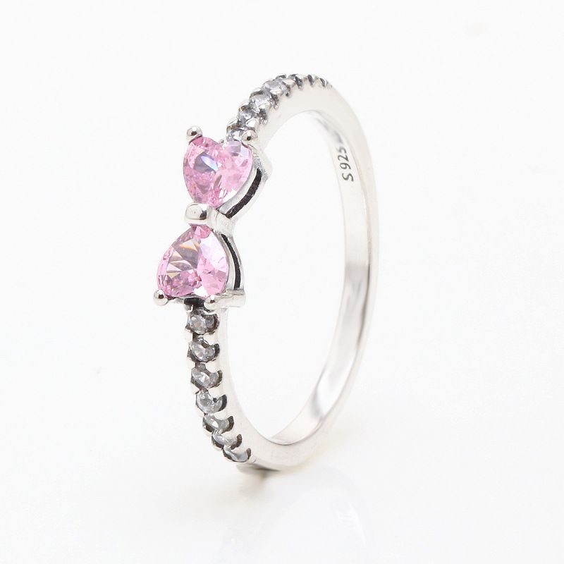 Ny sølvbelagt rosa sløyfe ring mote kjærlighet hjerteformet ringfingerring valentinsdag gave kjæreste_voghion.com