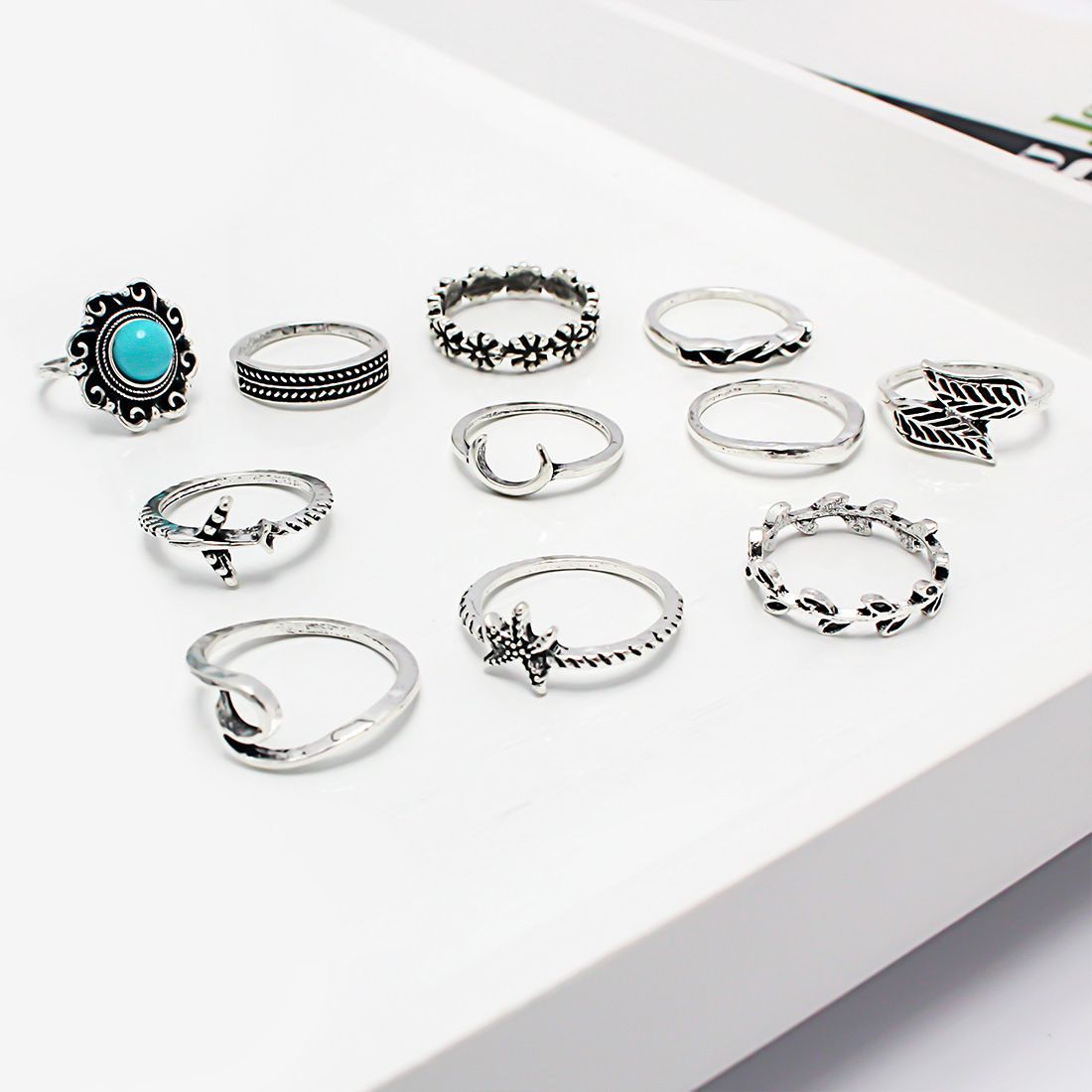 Set di gioielli da donna, anello in lega turchese alla moda, combinazione di anelli turchesi_voghion.com