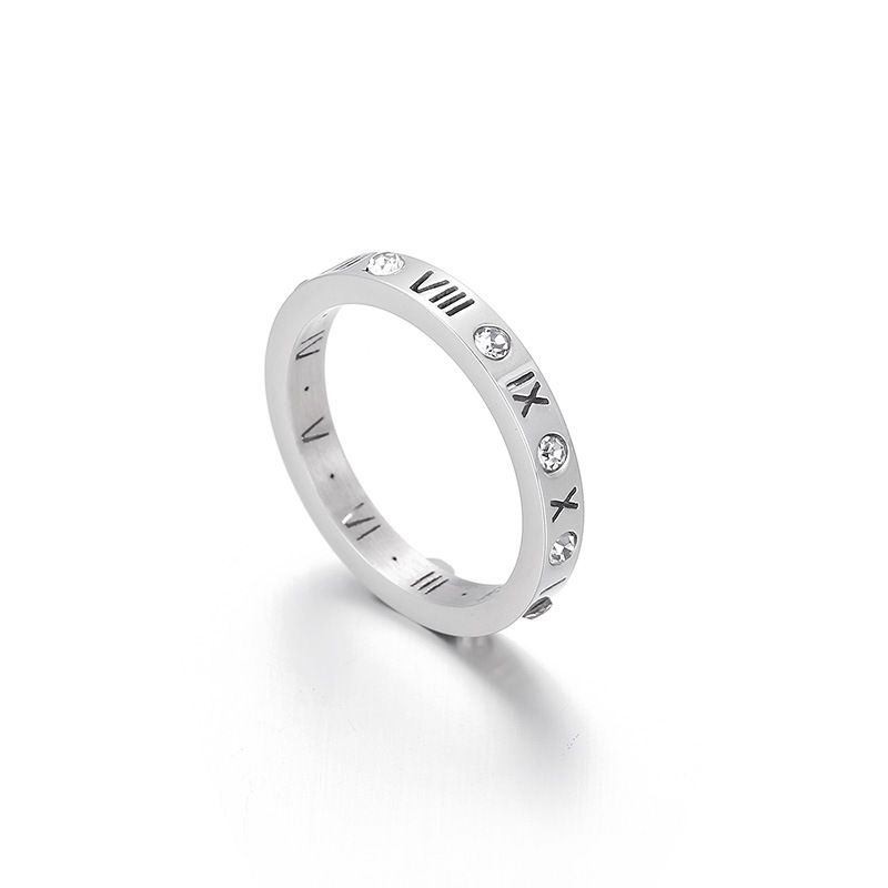 Anello in acciaio al titanio e oro rosa con numeri romani, intarsiato con diamanti, per uomo e donna, con alfabeto._voghion.com