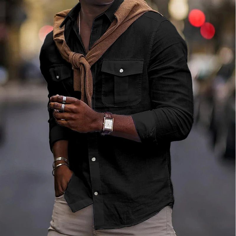 Abbigliamento Uomo Nuova Camicia da uomo in cotone tinta unita con risvolto e tasca_voghion.com