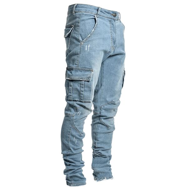 Europeiske og amerikanske jeans for menn med flere lommer på siden, arbeidsklær, trange denimbukser for små føtter, engros L066_voghion.com