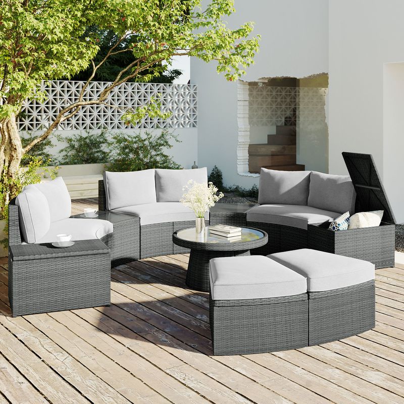 10-Piece Outdoor Sectional Half Round Patio Rattan Sofa Set; PE Wicker Conversation Furniture Set for Free Combination; Light Gray_voghion.com