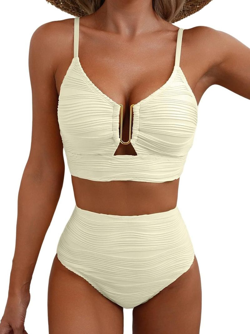 Maillot de bain 2 pièces pour femme, tissu texturé creux, coupe ajustée, décoration métallique côtelée sexy, ensemble de maillot de bain pour femme_voghion.com