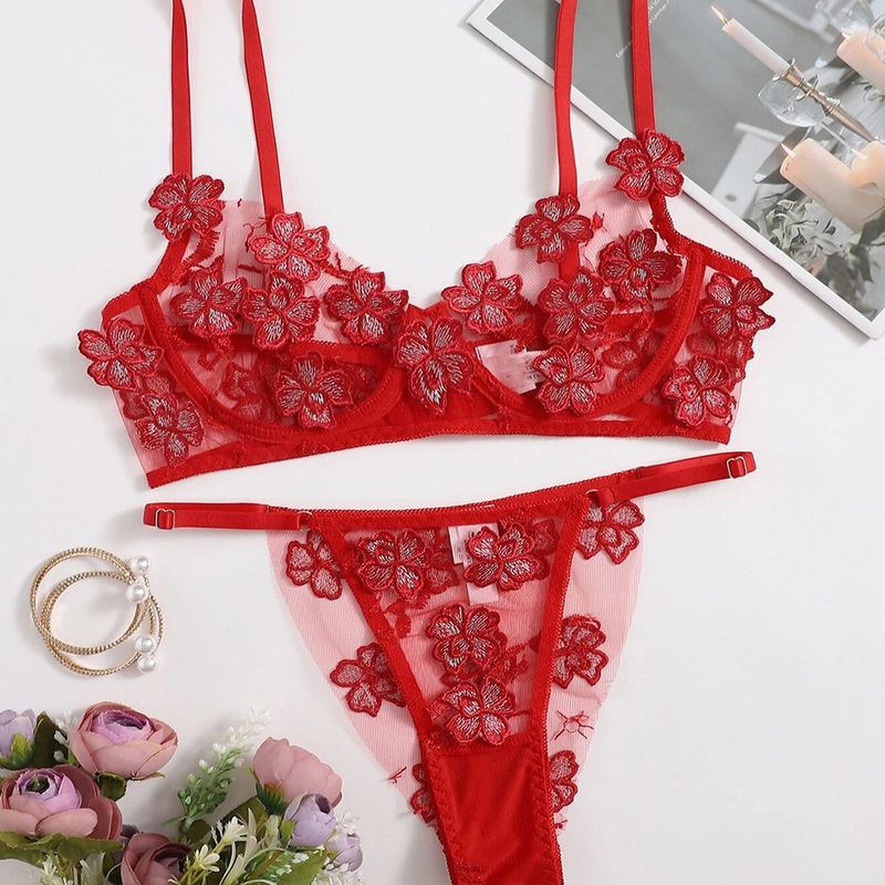 Erotik Set Kadın Küçük Taze Çiçek Nakış Aplike File Seksi Sütyen_voghion.com