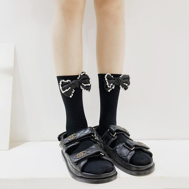 Parel Kinderen Zwarte Lente en Zomer Kleine Geurige Stijl Strik JK Kalf Zoete Koele Middellange Buisontwerp Trendy Sokken_voghion.com
