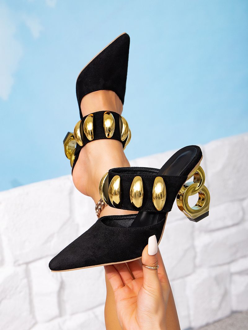 Black High Irregular Heels With Gold Buckle Decoration, Party Fashion, Simple Women's Sandals, Fashionable And Exquisite Personality Temperament_voghion.com