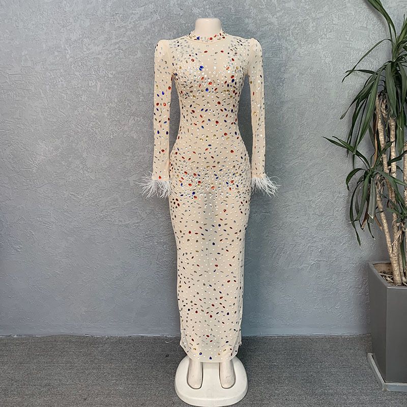 Dametøj high-end rhinestone mesh elastisk sexet slank kjole _voghion.com