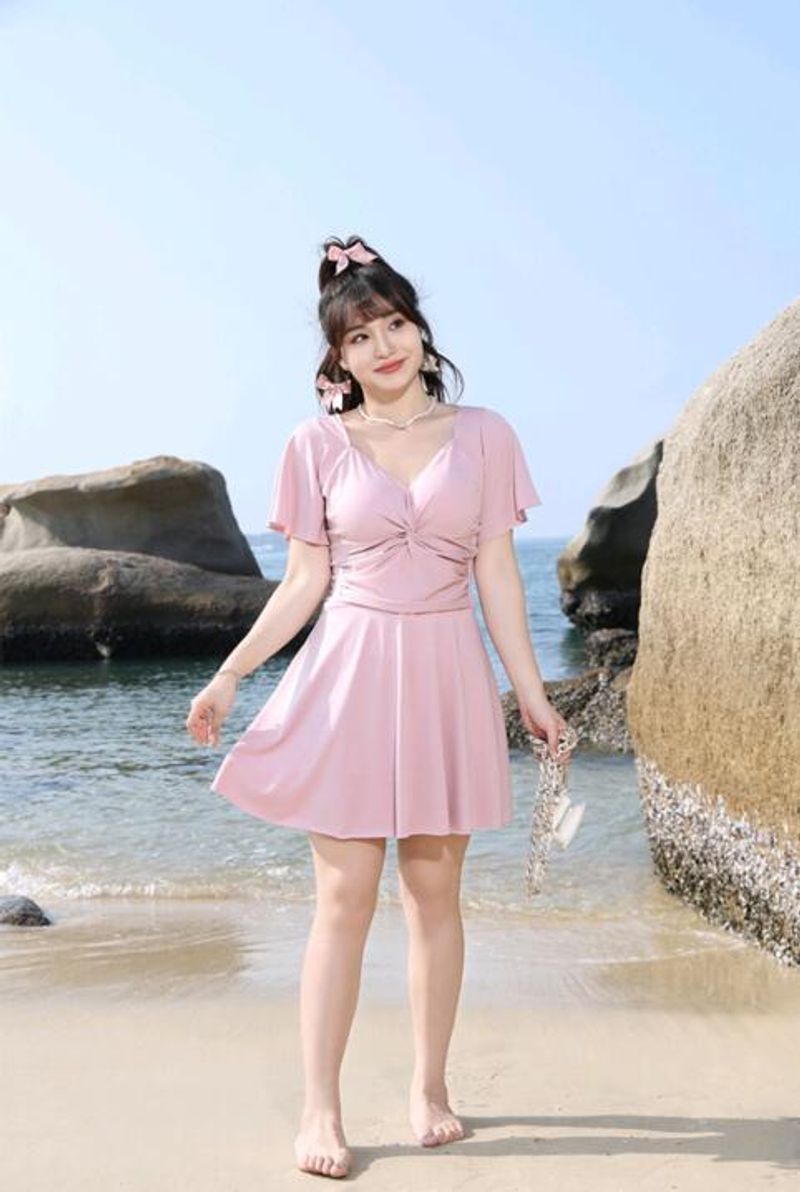 New Plus Size Cover Up Slimming Women Hot Spring Hotel Conservative Swimsuit Beach Seaside Swim Dress Large Bust_voghion.com