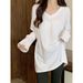 T-shirt mi-long chaud Derong blanc pour femme, col en V, manches longues, doublure polaire, automne et hiver, grande taille_voghion.com