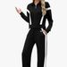 Damen-Reißverschlussoberteil in Kontrastfarbe mit gestreifter Hose, lässiges, sportliches Zweiteiler-Set – Schwarz (S-XXL)_voghion.com