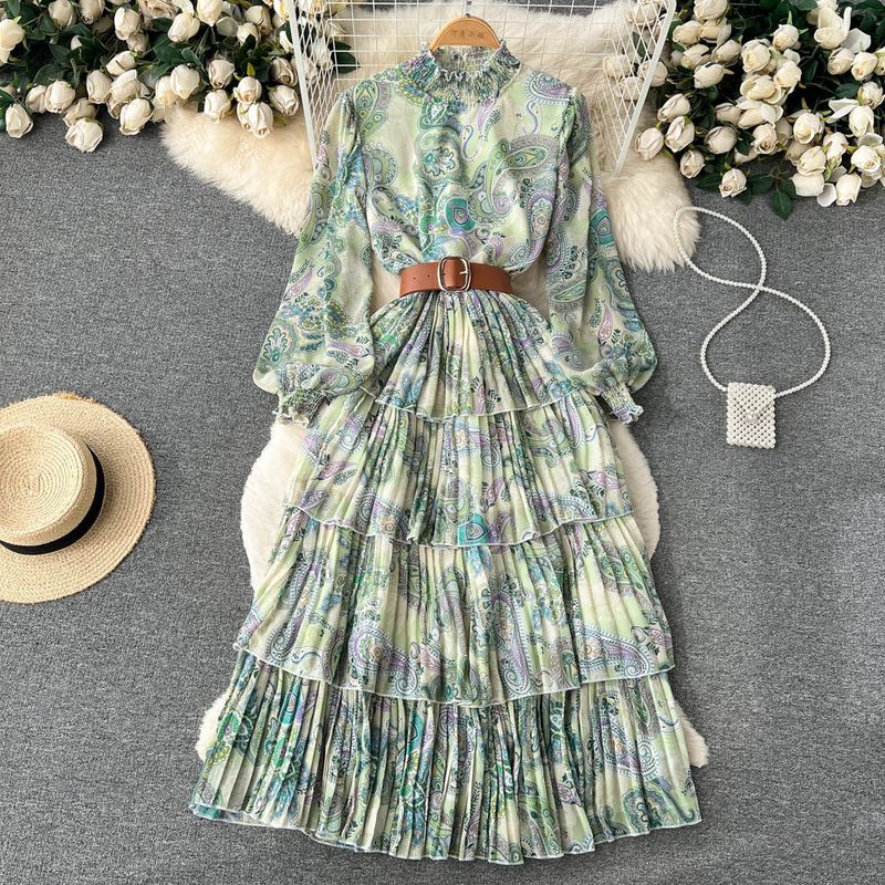Women's Stand-up collar mesh long-sleeved ruffle printed waistline puffy dress spring and autumn lantern sleeve cake long dress_voghion.com