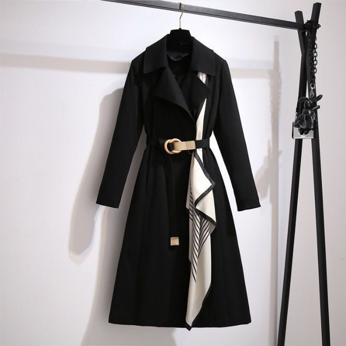 Damen Trenchcoat Mittellang Slim Fit Stilvolle Casual Langarmjacke mit Reverskragen, Polyestermischung, Printdesign_voghion.com