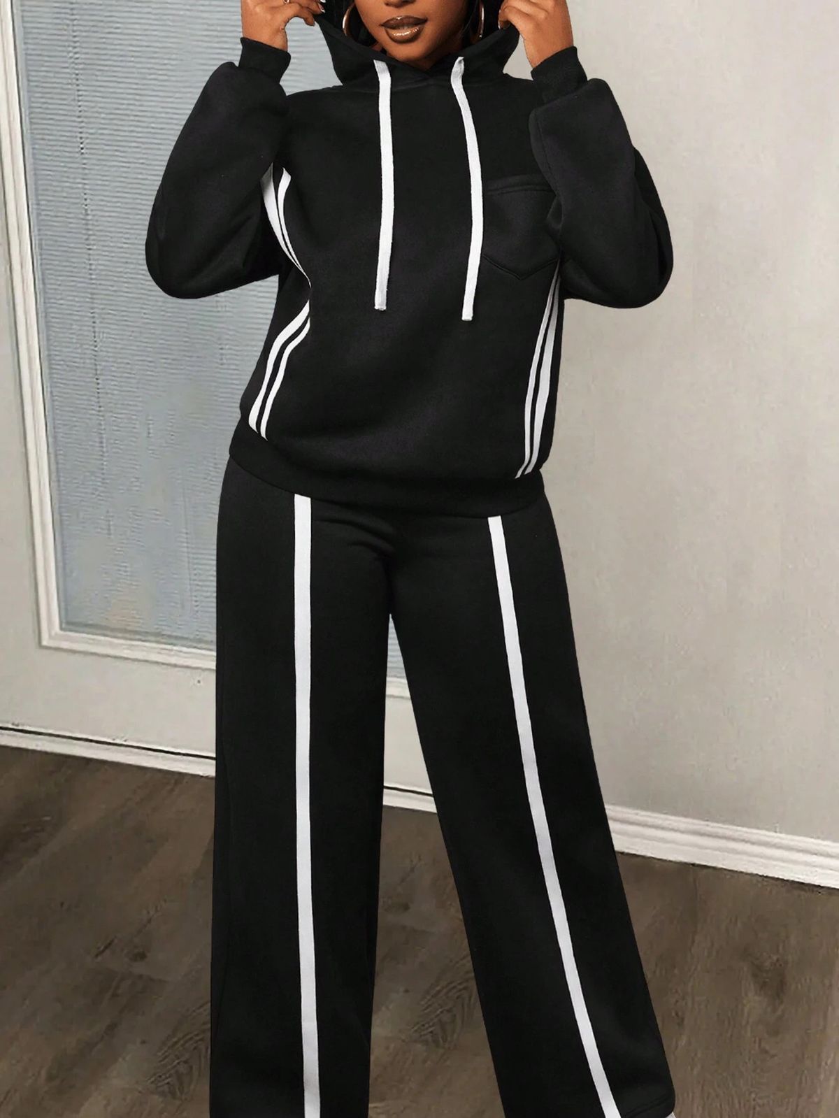 Trendy Striped Hoodie & Jogger Set – Fall-Ready Lounge Wear With Adjustable Drawstring (S-XL) – Soft Polyester For Streetwear Vibes_voghion.com
