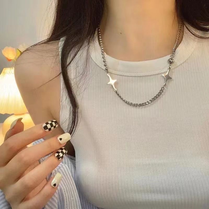 Collana con clavicola, semplice, alla moda, con perline a stella in titanio e acciaio, stile freddo e temperamento._voghion.com